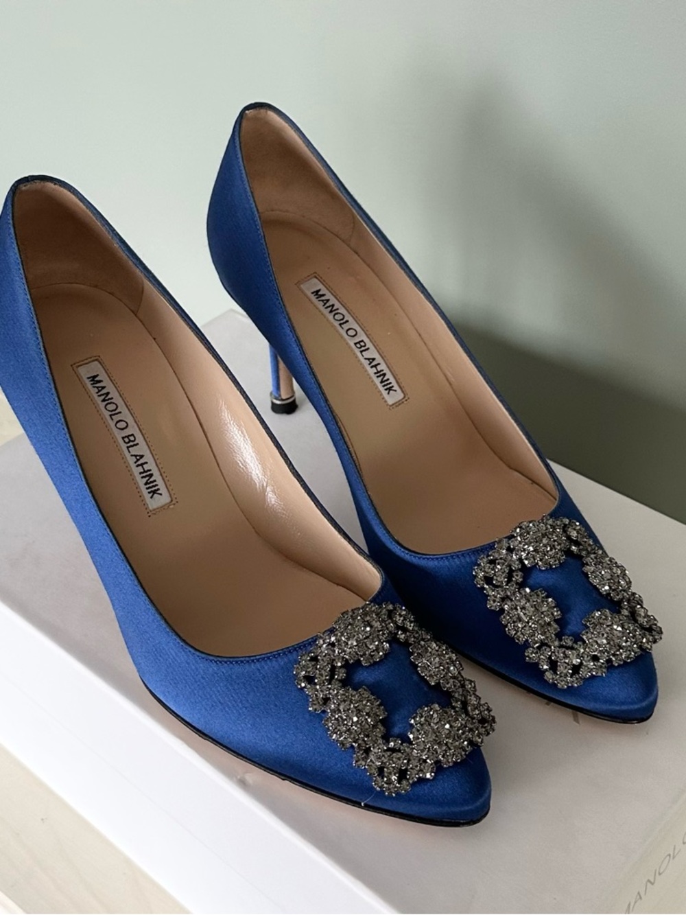Manolo Blahnik HANGISI Blue Satin Jewel Buckle Pumps